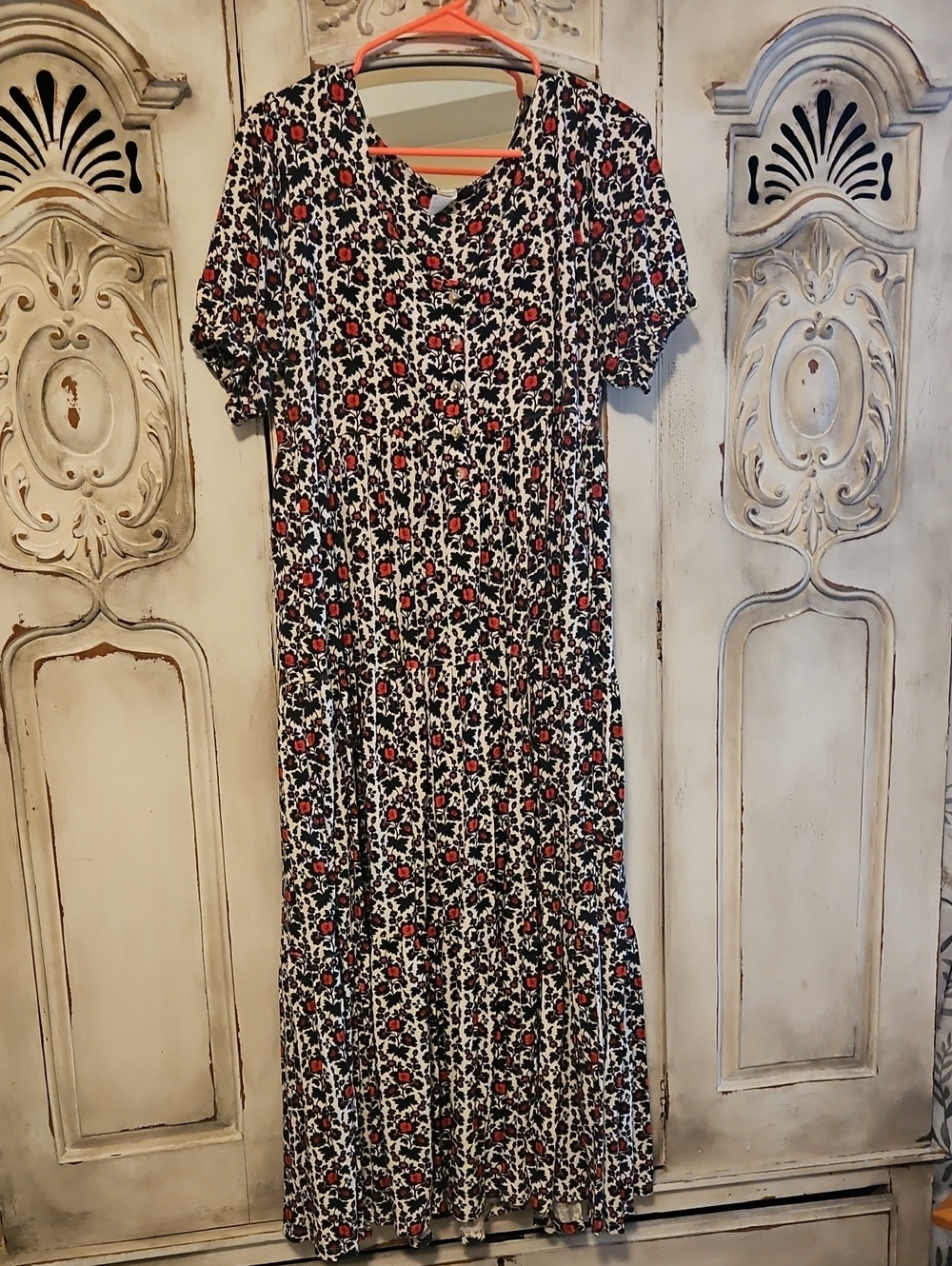 Kate Quinn Prairie Dress Large Bamboo Black White Red Rose Floral Dress
